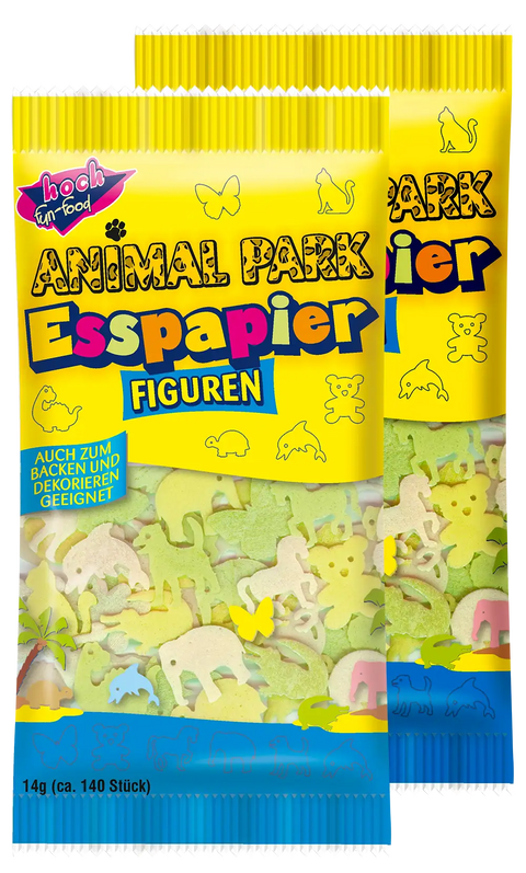 zwei Packungen gelbe Esspapiertüten Animal Park hintereinander gestellt