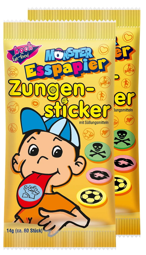 zwei Packungen gelbe Esspapiertüten hintereinander gestellt Zungensticker