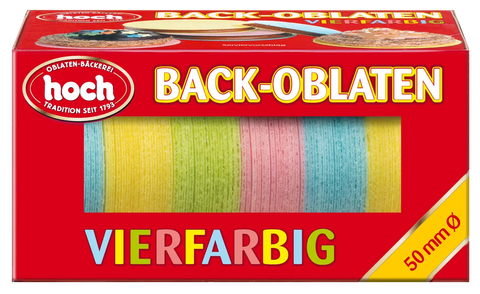 rote Packung mit Oblaten in vier Farben gelb, grün, rosa und blau
