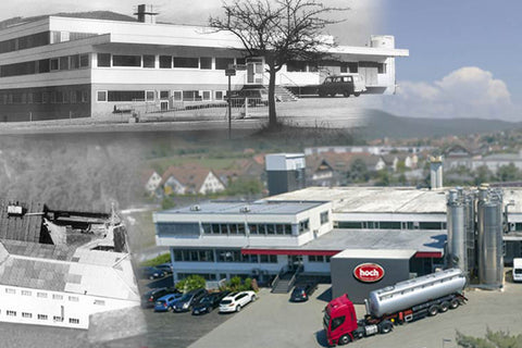 Collage von alten und neuen Bilder der Firma Hoch. Gelände, Fahrzeuge, Silos und Gelände