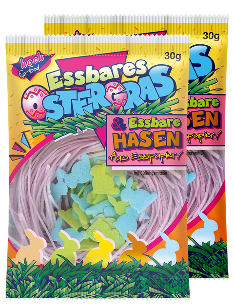 zwei bunte Packungen mit essbarem Ostergras