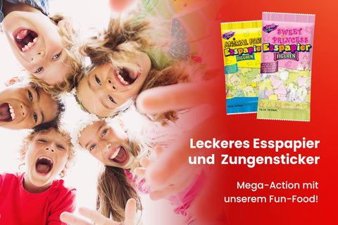Kinder die kreischend von oben auf den Boden kucken und drei Packungen Esspapier